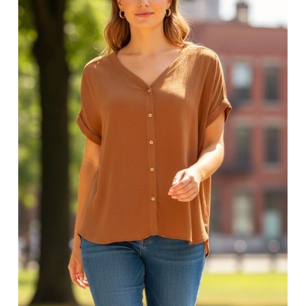 Orvis Womens S NWT Button Front Relaxed Blouse Dolman 100% Rayon Textured - Rust